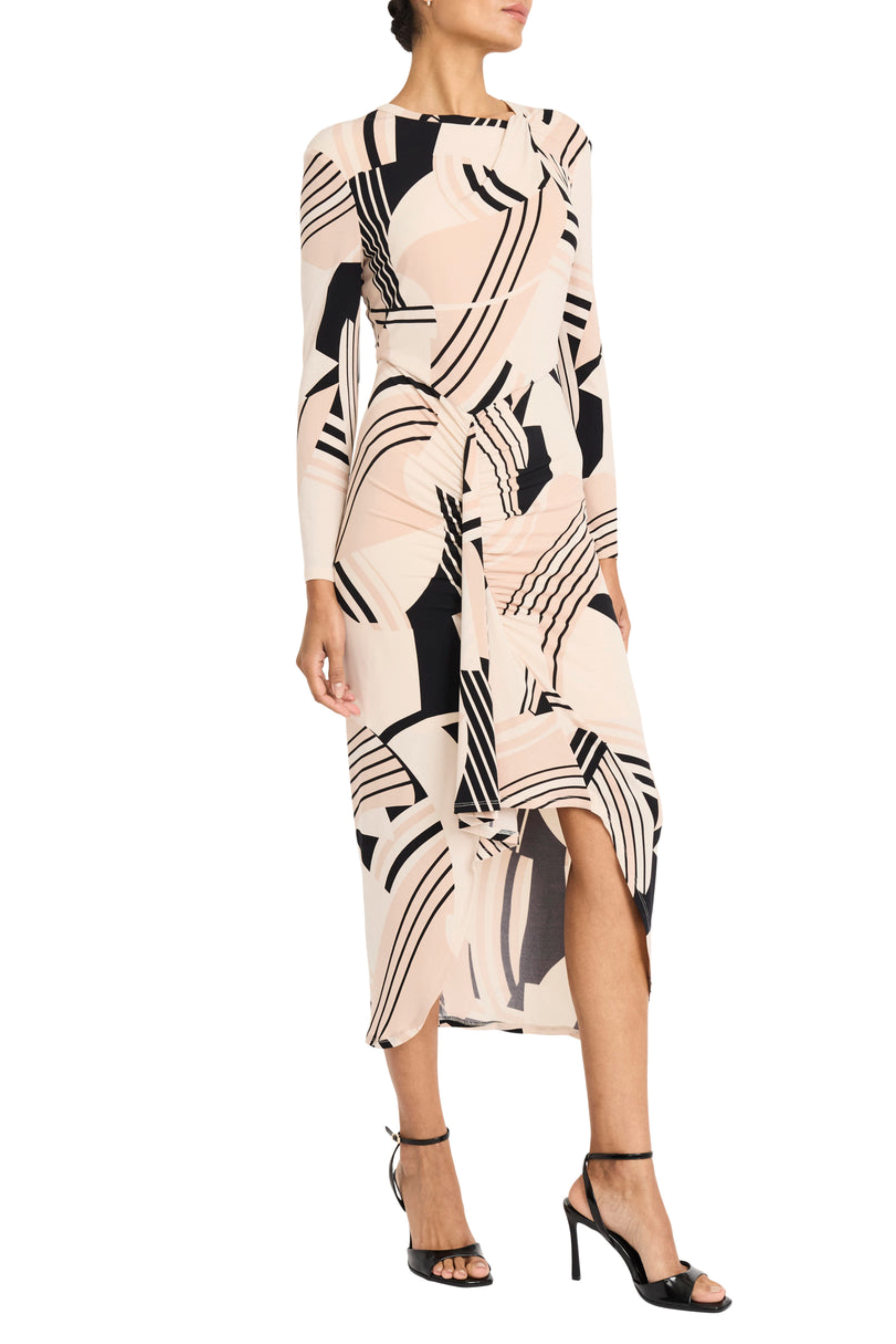 Long Sleeve Twisted Neck Cream Black Geo Print High Low Jersey Midi Dress by Maggy London G6414M