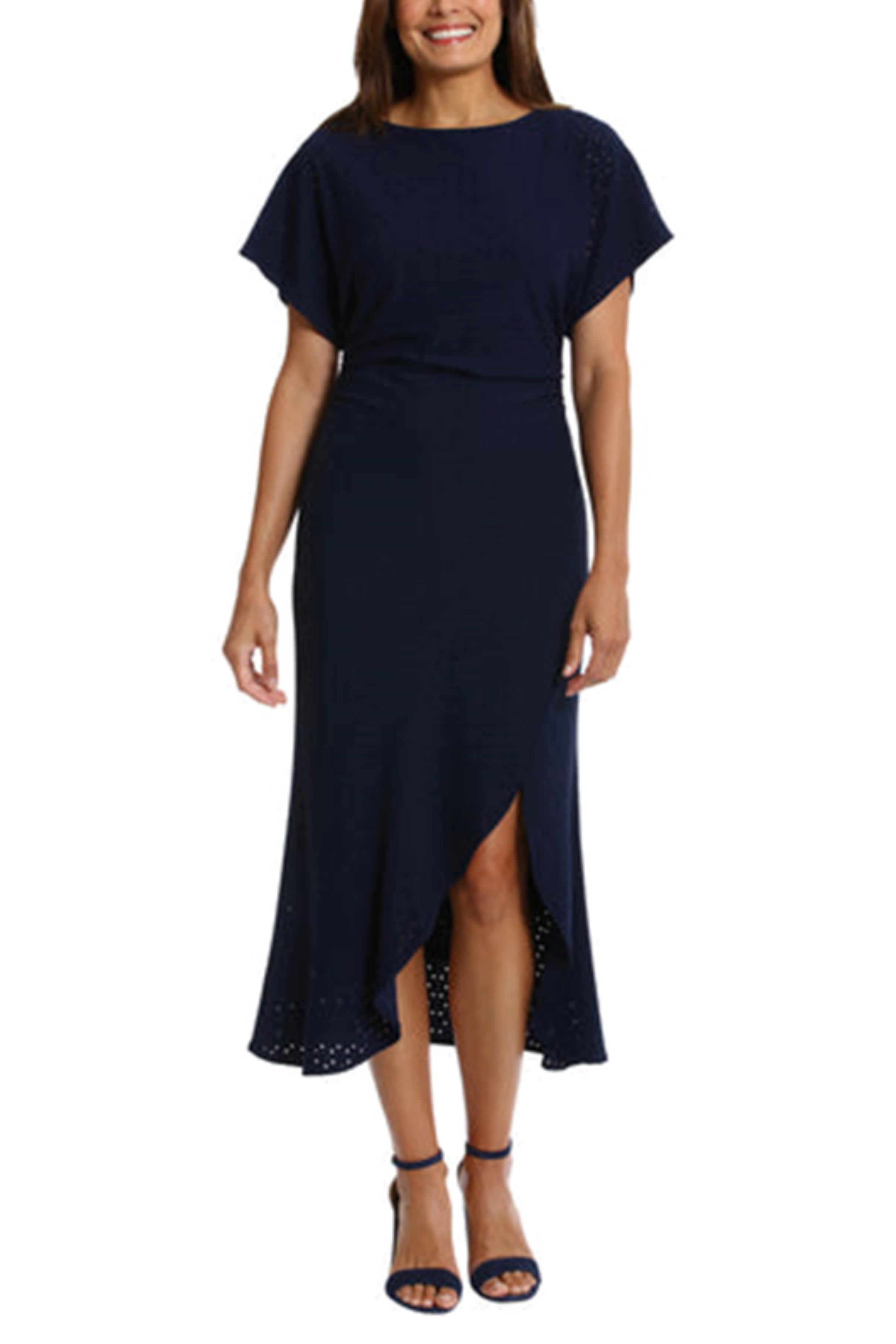 Round Eyelet Asymmetrical Navy Round Neckline Short Sleeve Ruched Asymmetrical Hem Midi Dress by Maggy London G7163M
