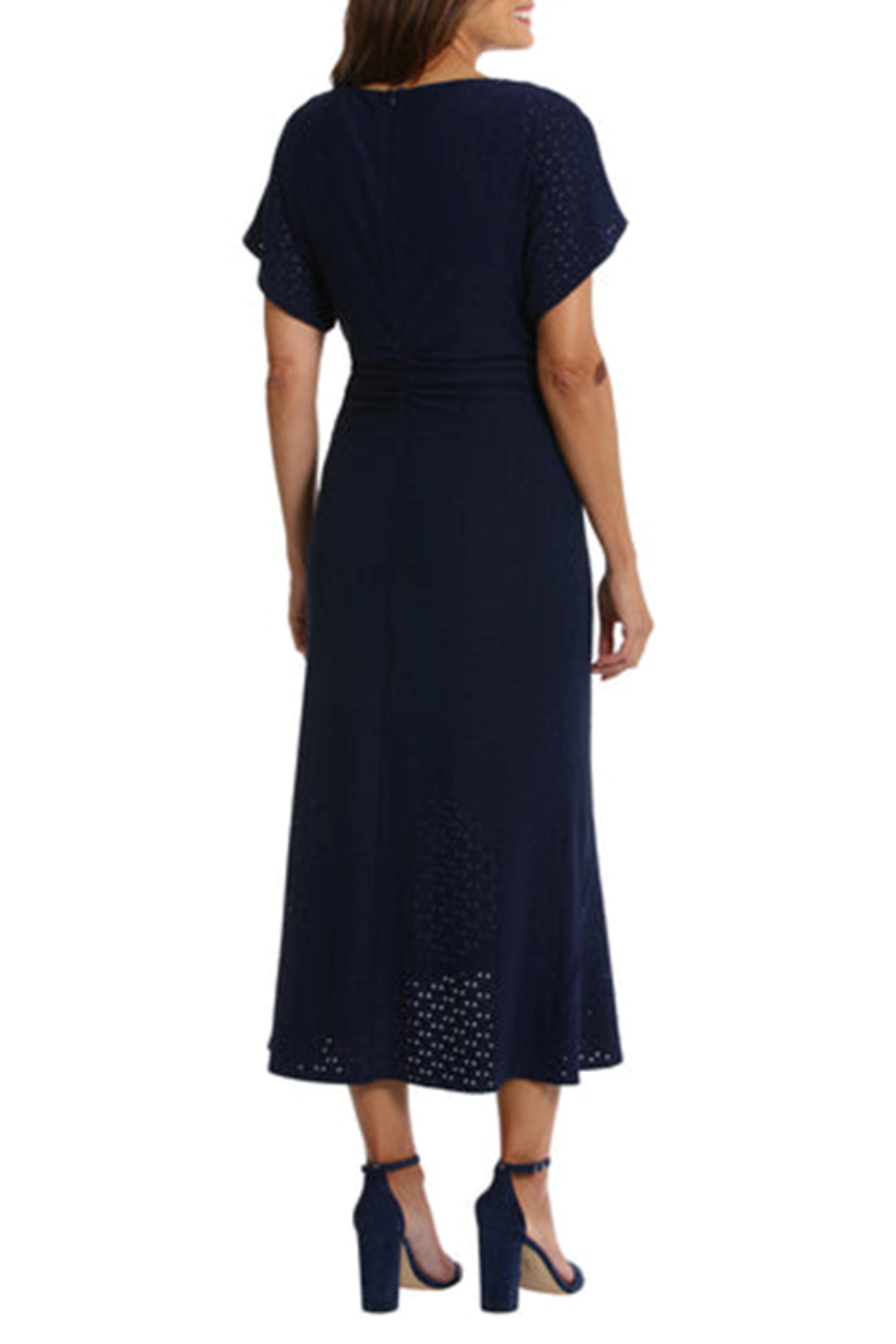 Round Eyelet Asymmetrical Navy Round Neckline Short Sleeve Ruched Asymmetrical Hem Midi Dress by Maggy London G7163M