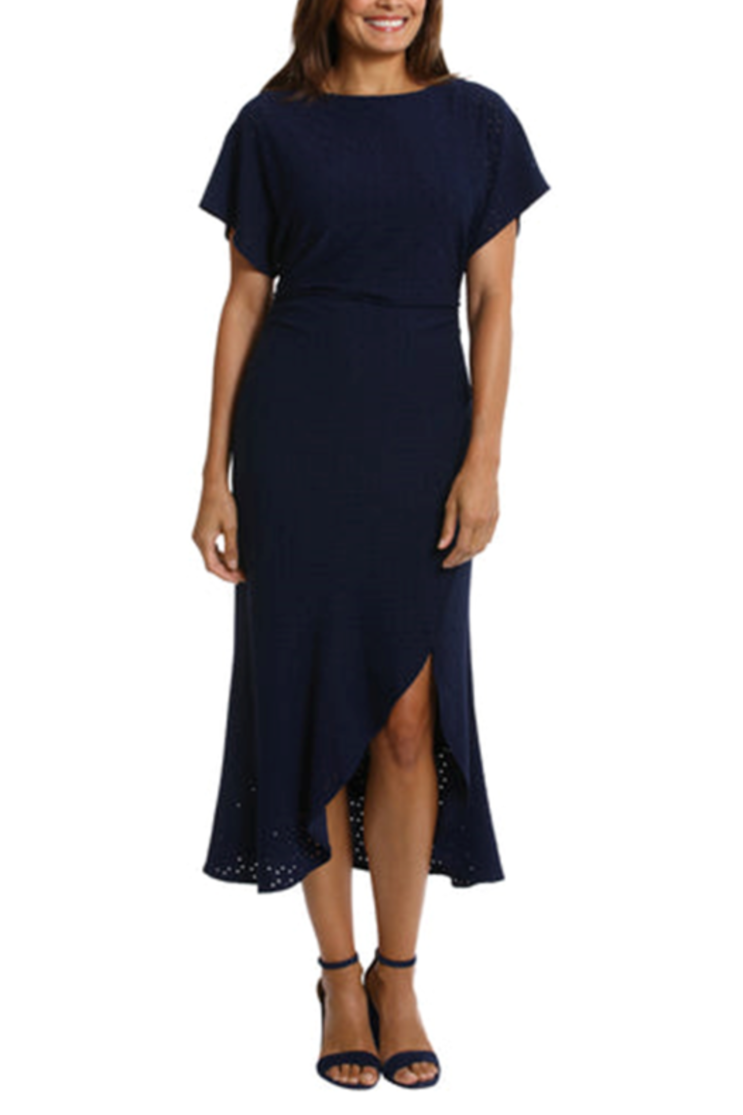 Round Eyelet Asymmetrical Navy Round Neckline Short Sleeve Ruched Asymmetrical Hem Midi Dress by Maggy London G7163M