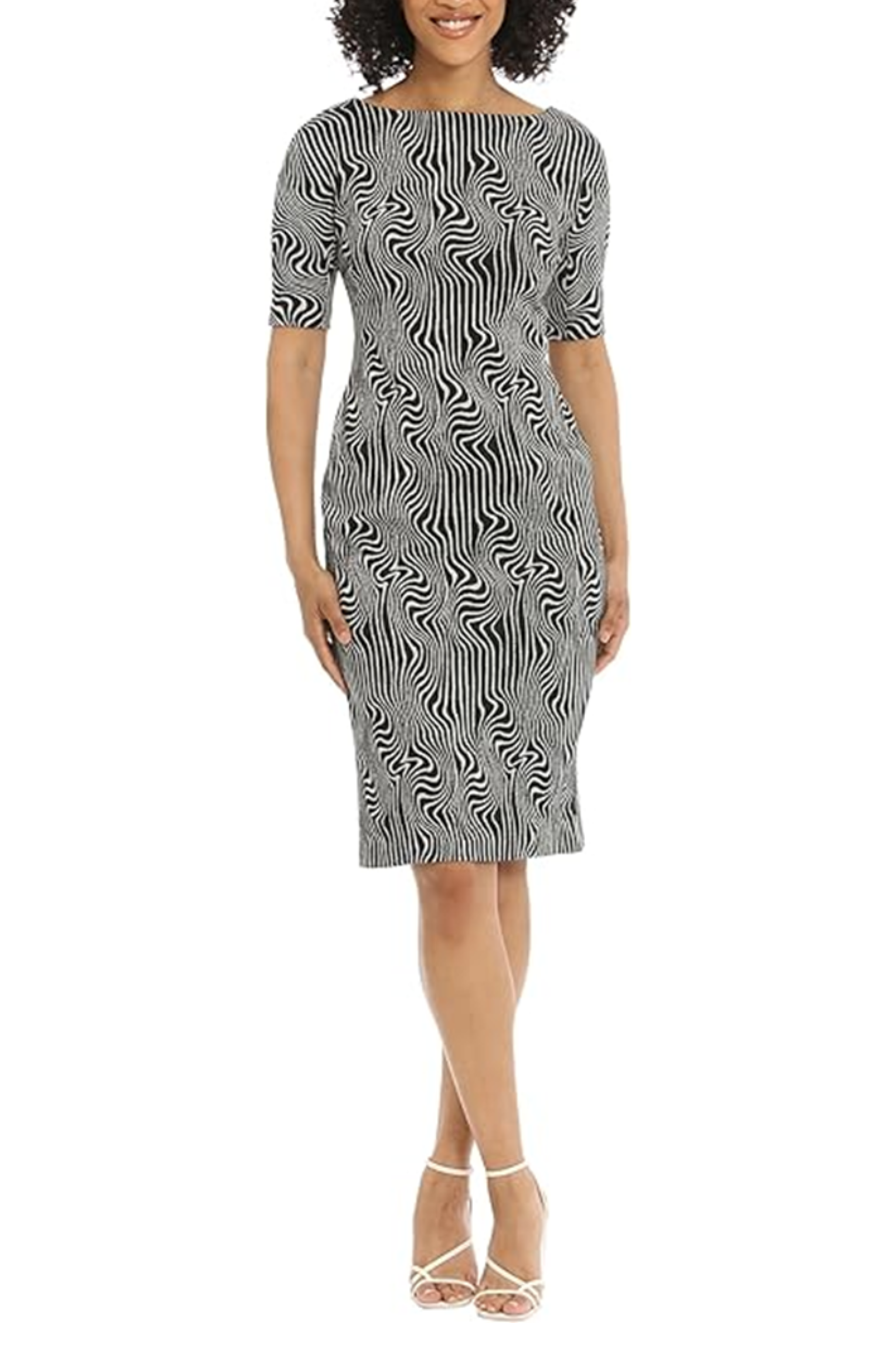 Psychedelic Black White Boat Neckline Above the Elbow Sleeve Knit Sheath Dress Plus Size by Maggy London GT784W