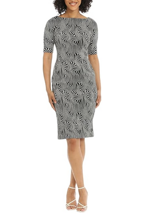 Maggy London GT784W Psychedelic Black White Boat Neckline Above the Elbow Sleeve Knit Sheath Dress Plus Size
