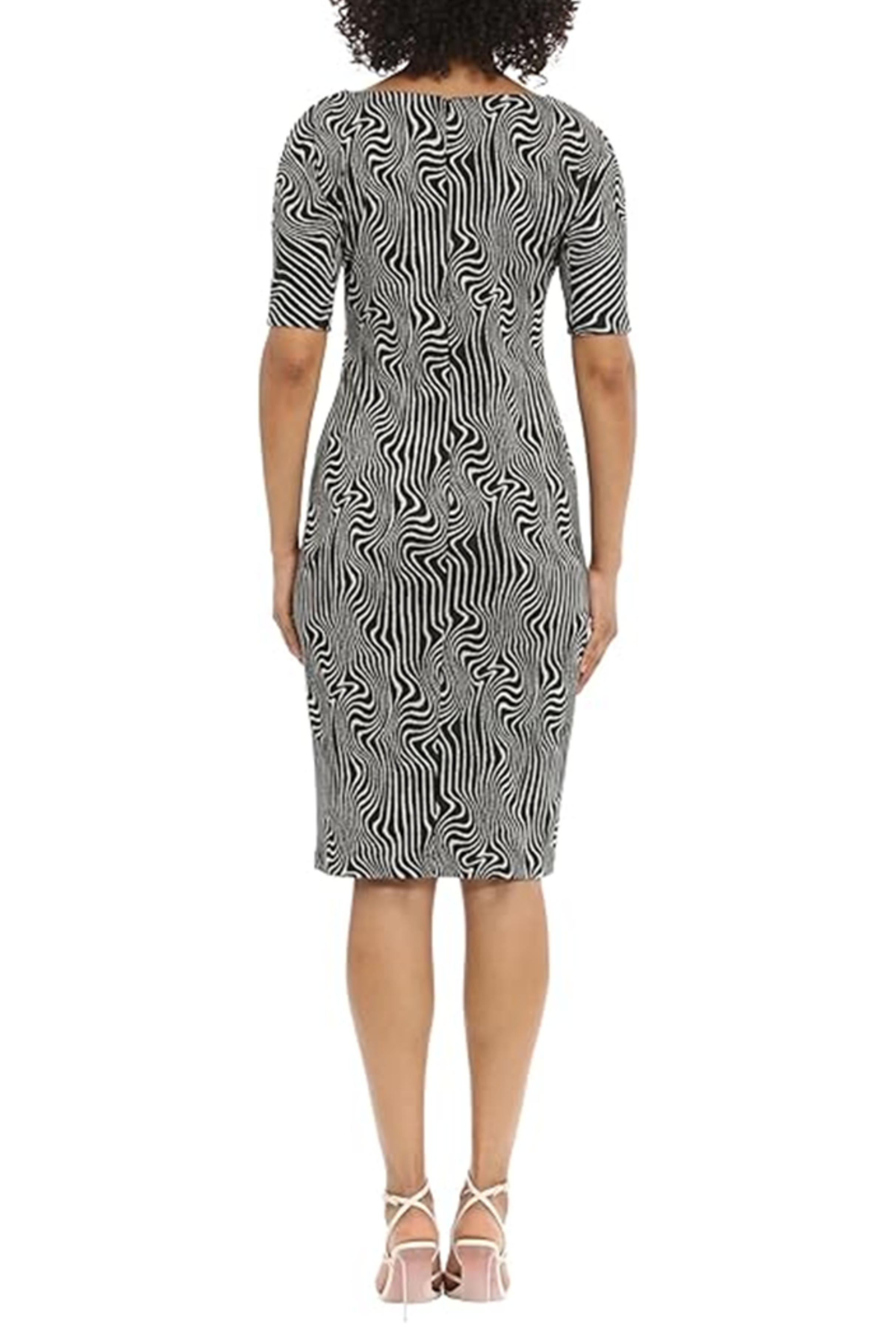 Psychedelic Black White Boat Neckline Above the Elbow Sleeve Knit Sheath Dress Plus Size by Maggy London GT784W