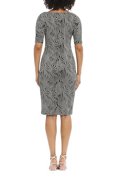 Psychedelic Black White Boat Neckline Above the Elbow Sleeve Knit Sheath Dress Plus Size by Maggy London GT784W