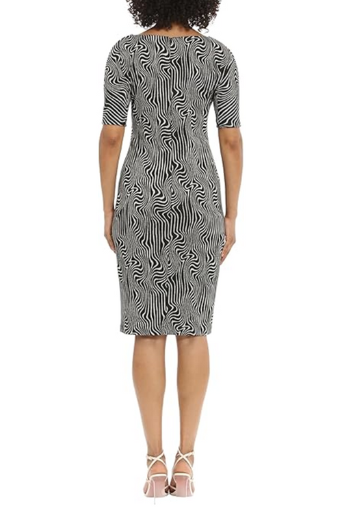 Psychedelic Black White Boat Neckline Above the Elbow Sleeve Knit Sheath Dress Plus Size by Maggy London GT784W