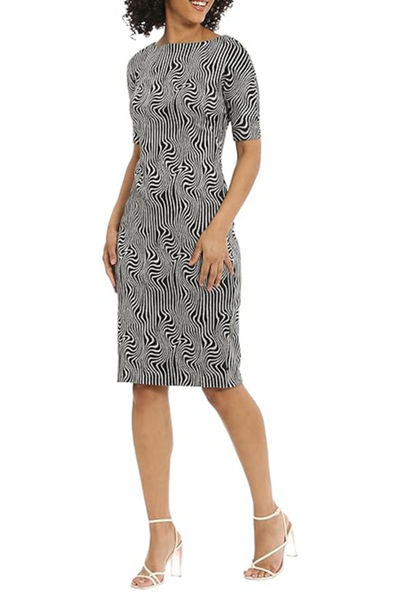Psychedelic Black White Boat Neckline Above the Elbow Sleeve Knit Sheath Dress Plus Size by Maggy London GT784W