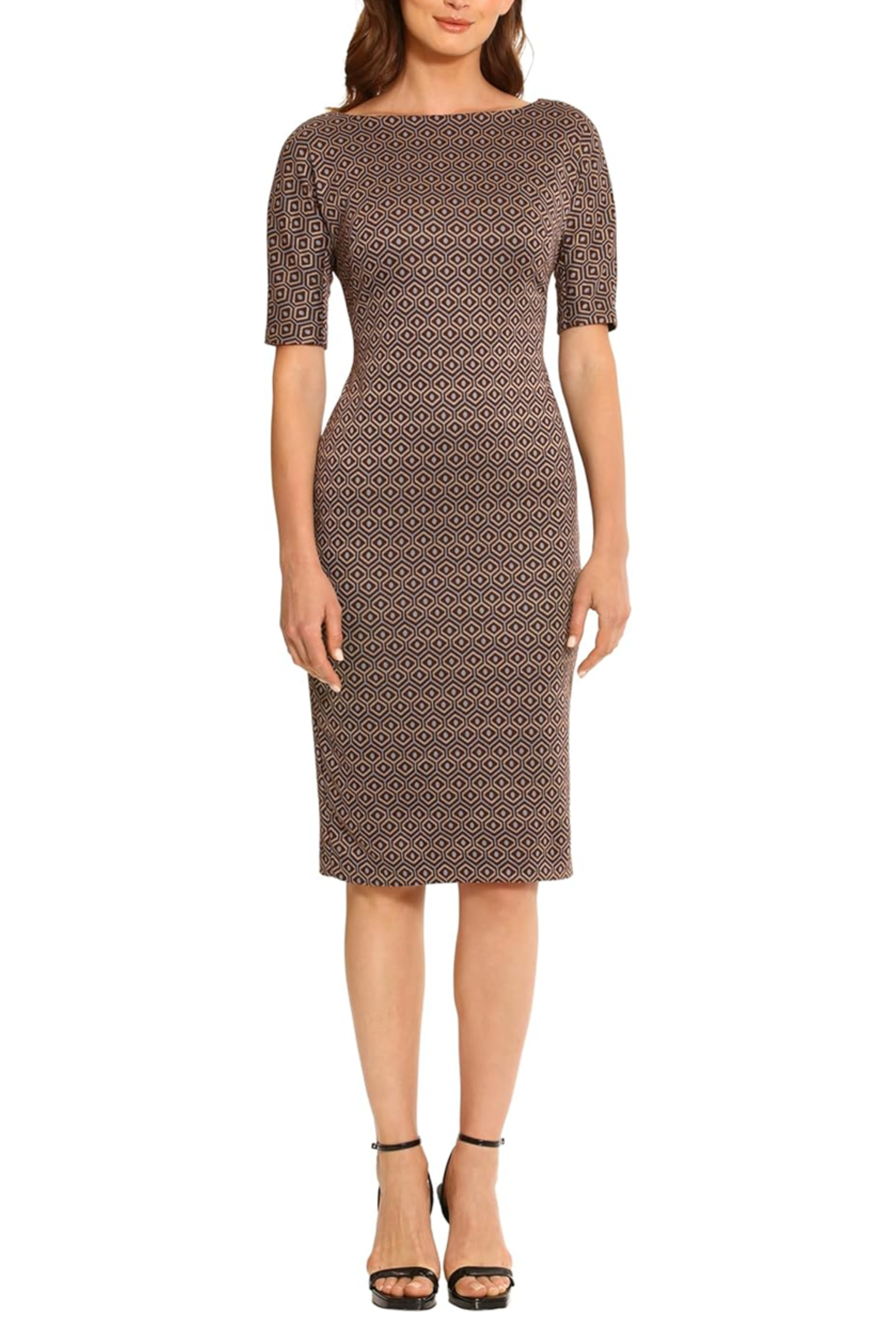 Maggy London Retro Geo Short Sleeve Sheath Dress in Blue/Brown Multi at Nordstrom Rack, Size 10