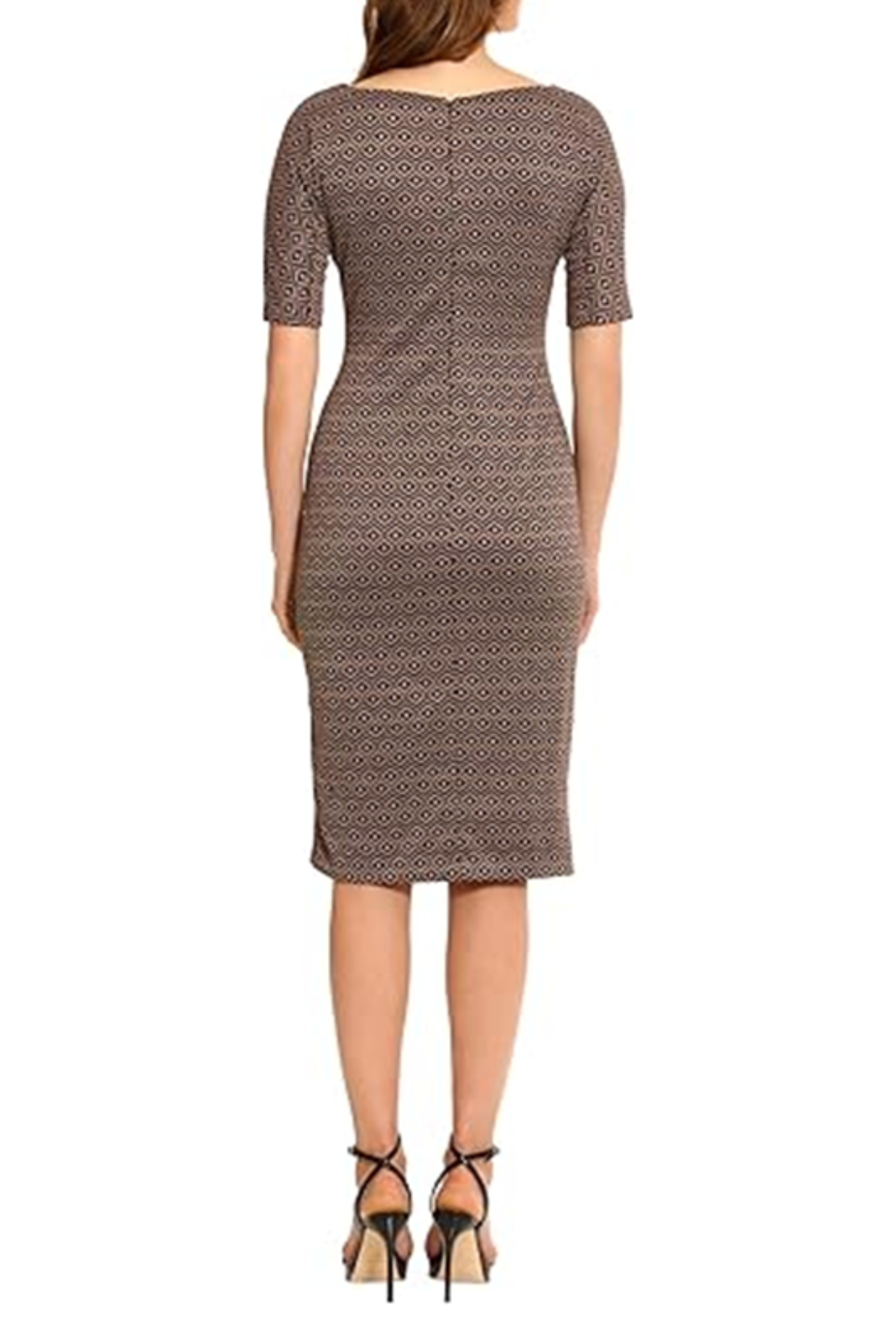 Geometric Print Blue Brown Boat Neckline Above the Elbow Sleeve Geo Print Knit Sheath Dress by Maggy London GT828M