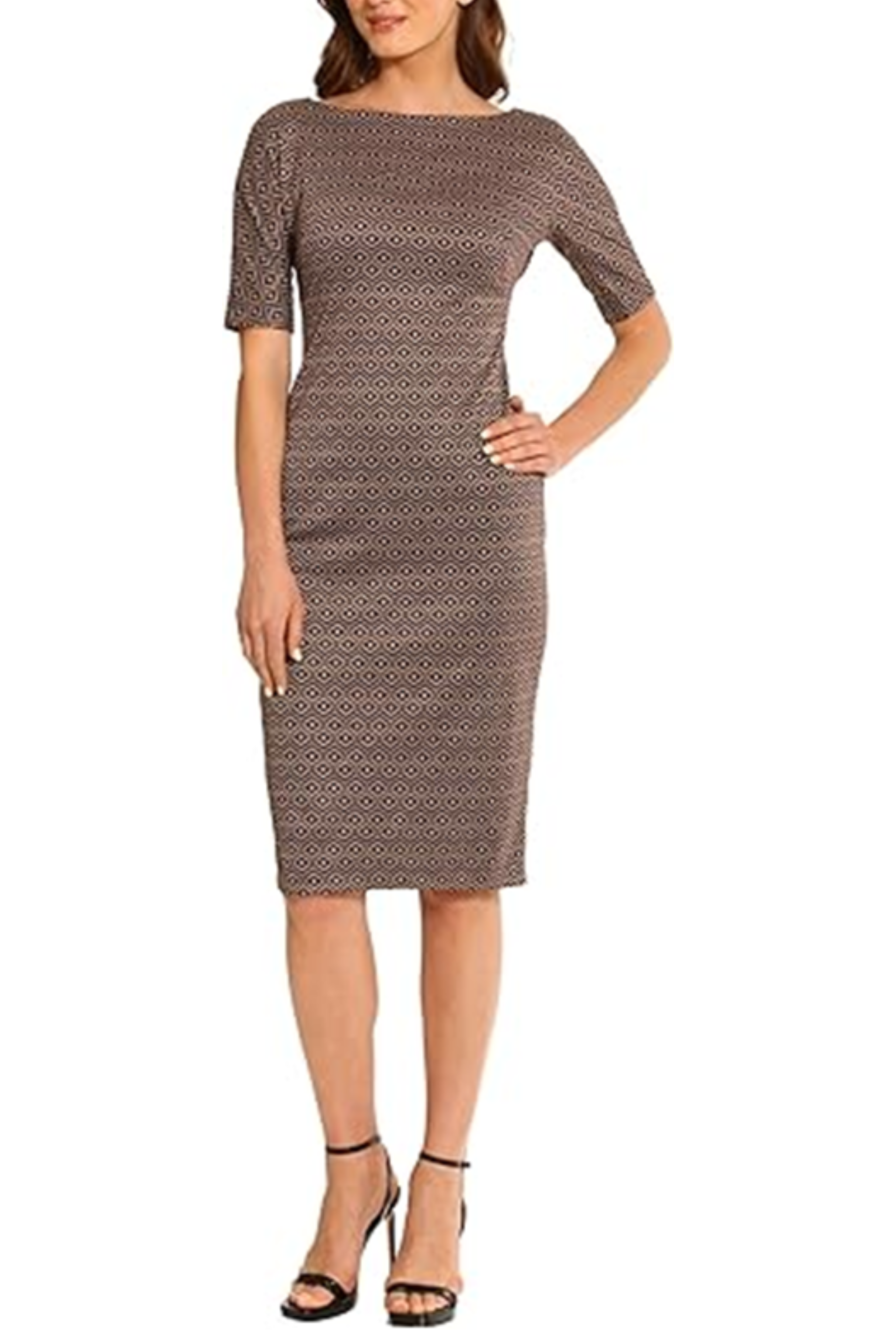 Geometric Print Blue Brown Boat Neckline Above the Elbow Sleeve Geo Print Knit Sheath Dress by Maggy London GT828M