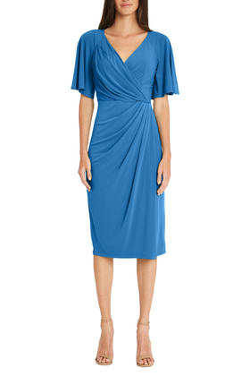 Maggy London GT840M Flutter Sleeve Pleated Blue Surplice V-Neck Short Flutter Sleeve Jersey Sheath Dress