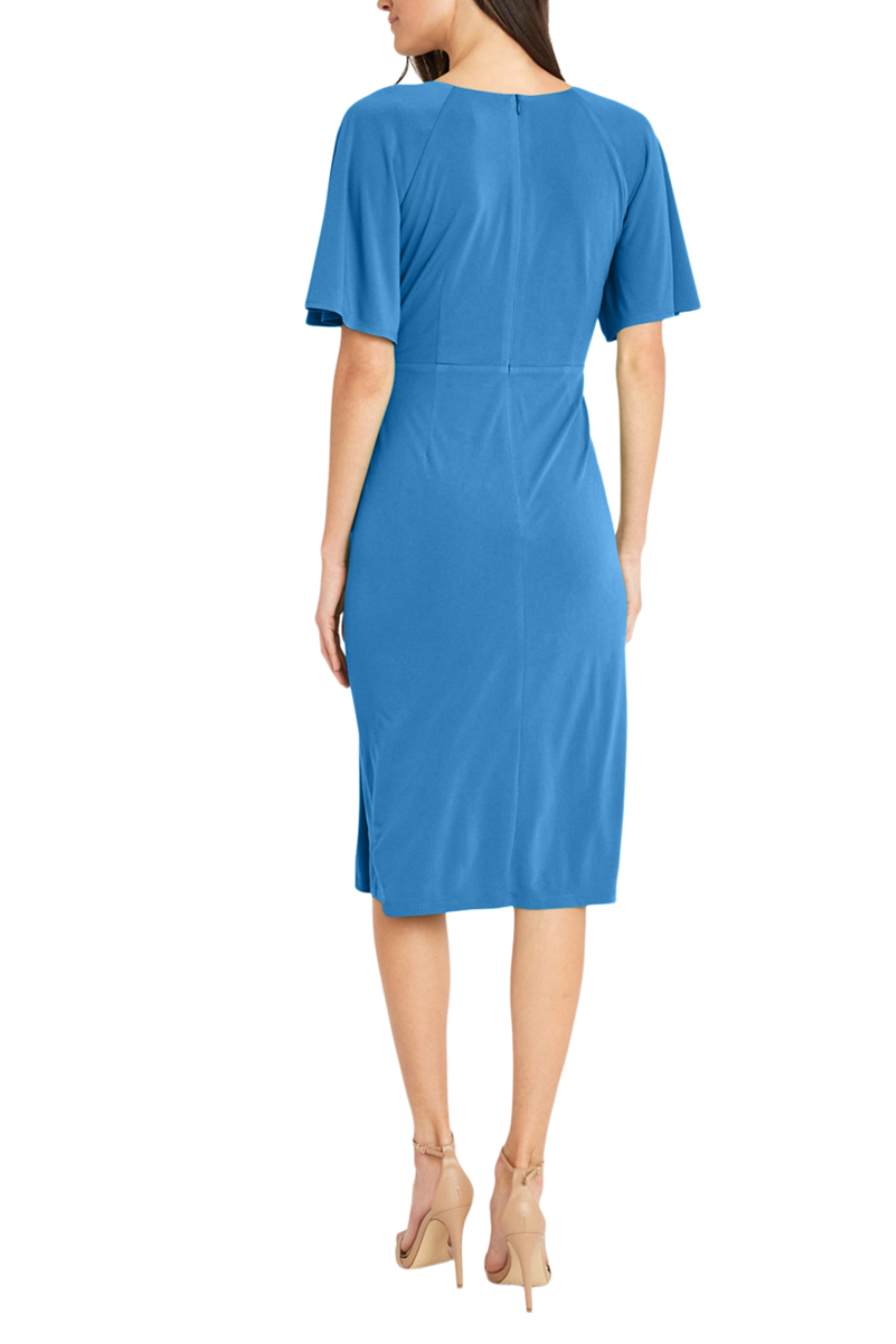 Flutter Sleeve Pleated Blue Surplice V-Neck Short Flutter Sleeve Jersey Sheath Dress by Maggy London GT840M