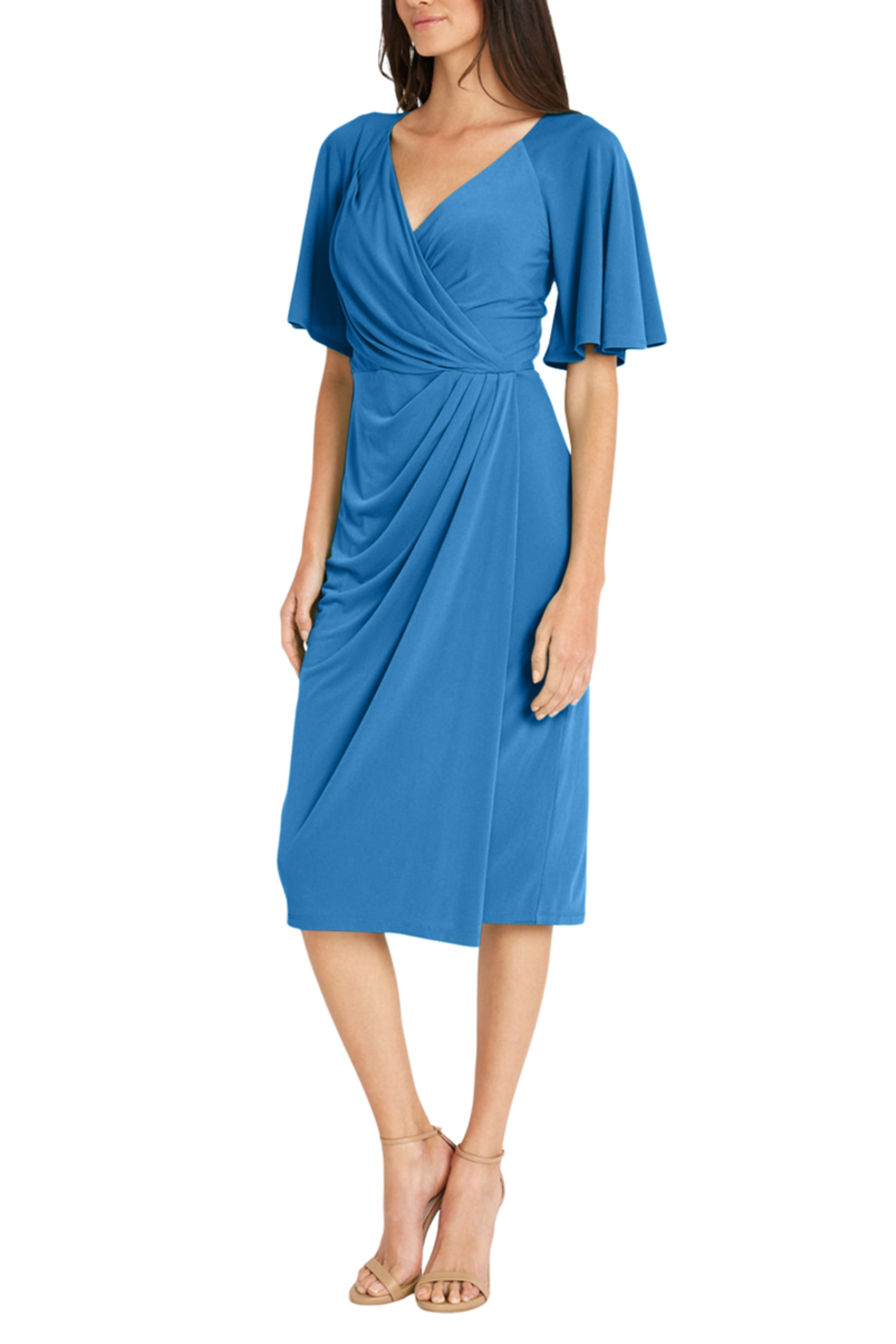 Flutter Sleeve Pleated Blue Surplice V-Neck Short Flutter Sleeve Jersey Sheath Dress by Maggy London GT840M