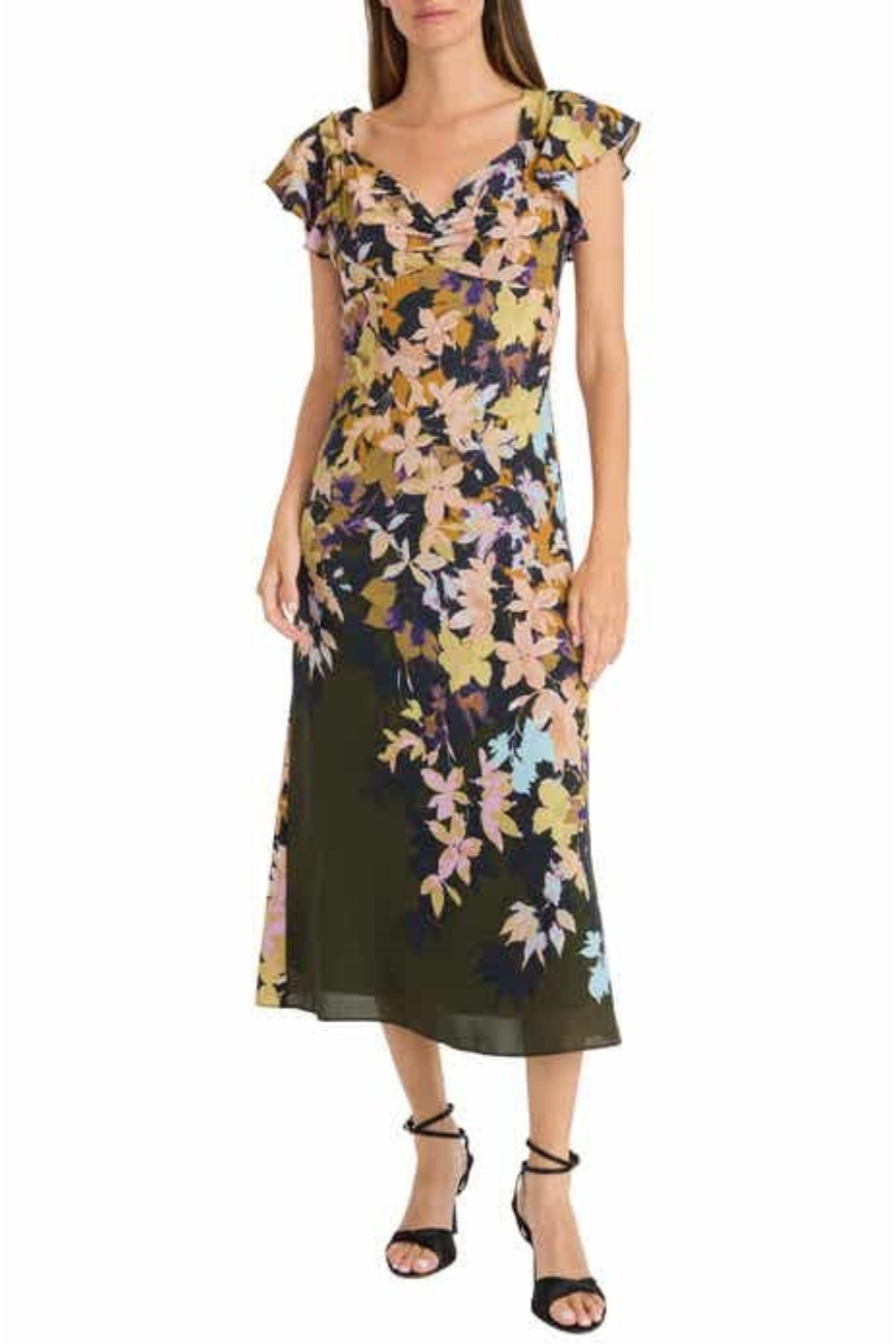Floral Midi Day Olive Green Short Flutter Sleeve Floral Print Dress by Maggy London GT948M