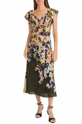 Maggy London GT948M Floral Midi Day Olive Green Short Flutter Sleeve Floral Print Dress