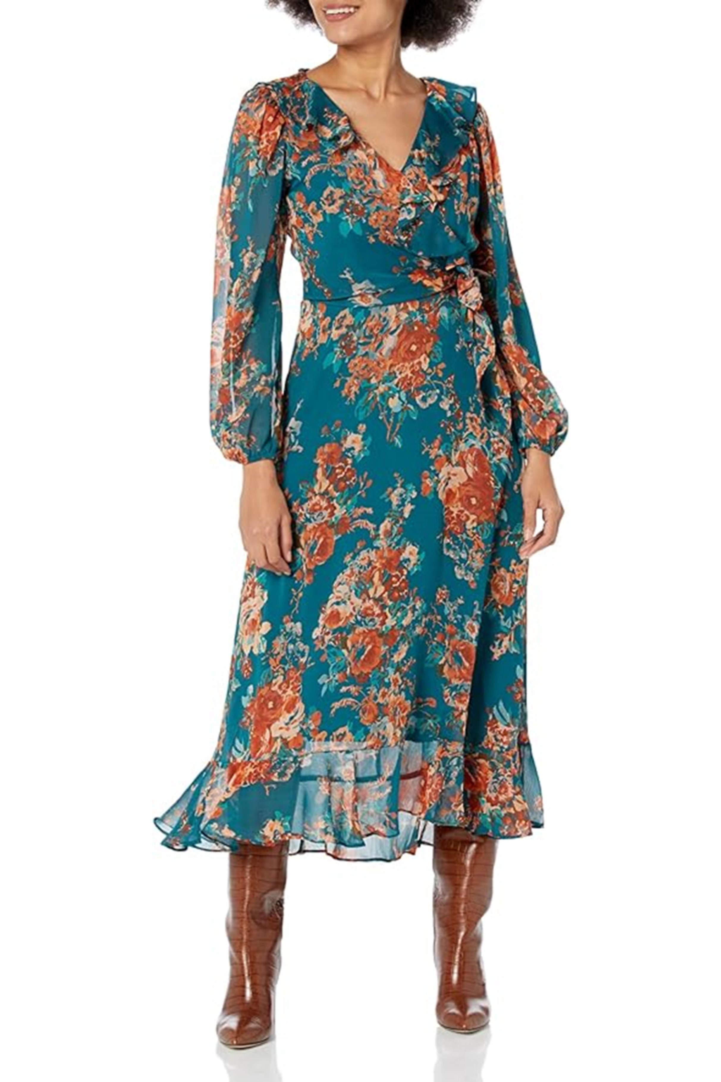 Floral Long Sleeve Teal Rust V-Neck Long Balloon Sleeve Floral Print Ruffle Midi Dress by Maggy London T7151ML