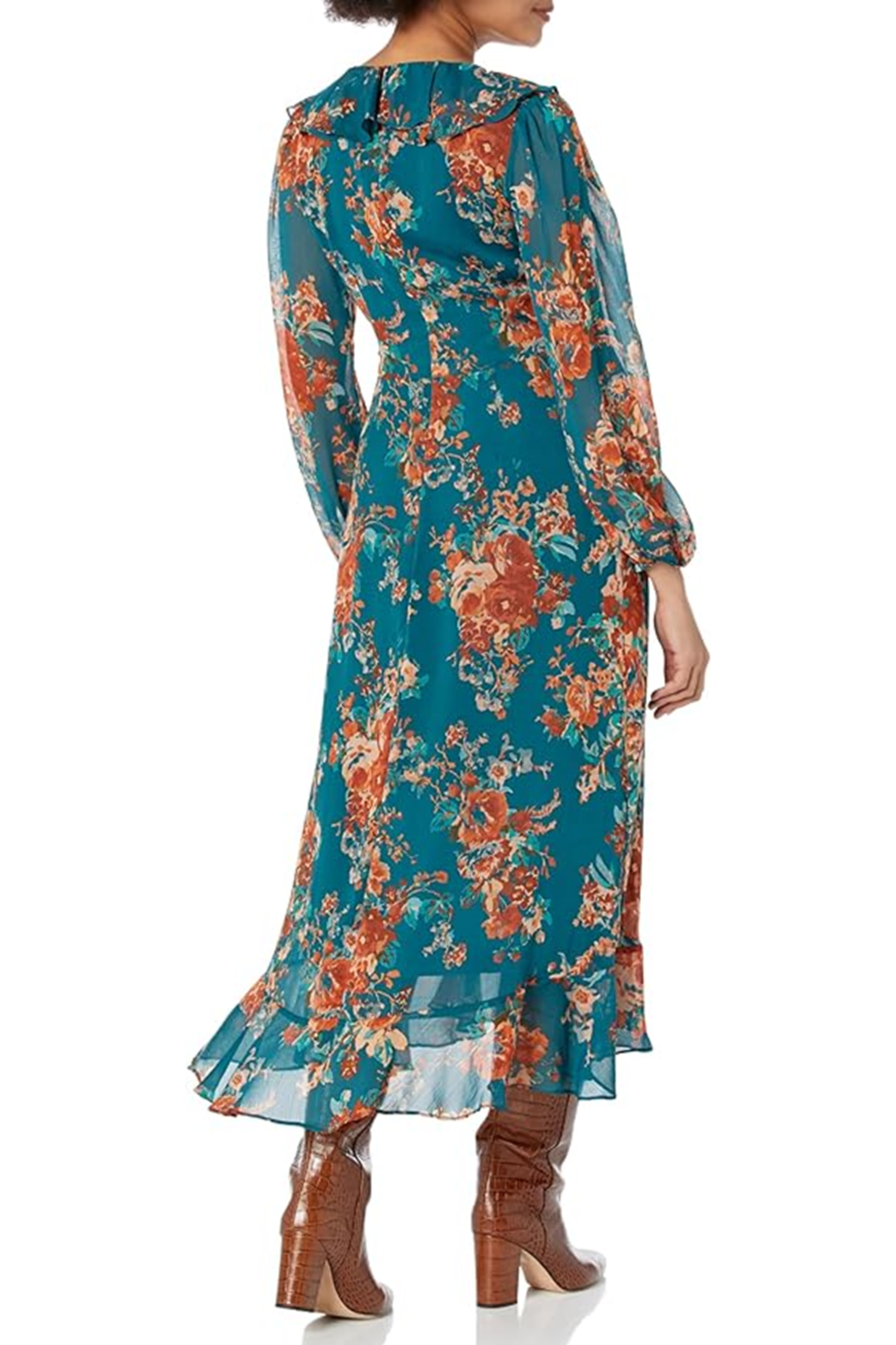 Floral Long Sleeve Teal Rust V-Neck Long Balloon Sleeve Floral Print Ruffle Midi Dress by Maggy London T7151ML