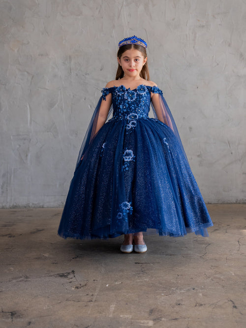 Girls Off-Shoulder Cape Sleeve Gown by Calla SCK314