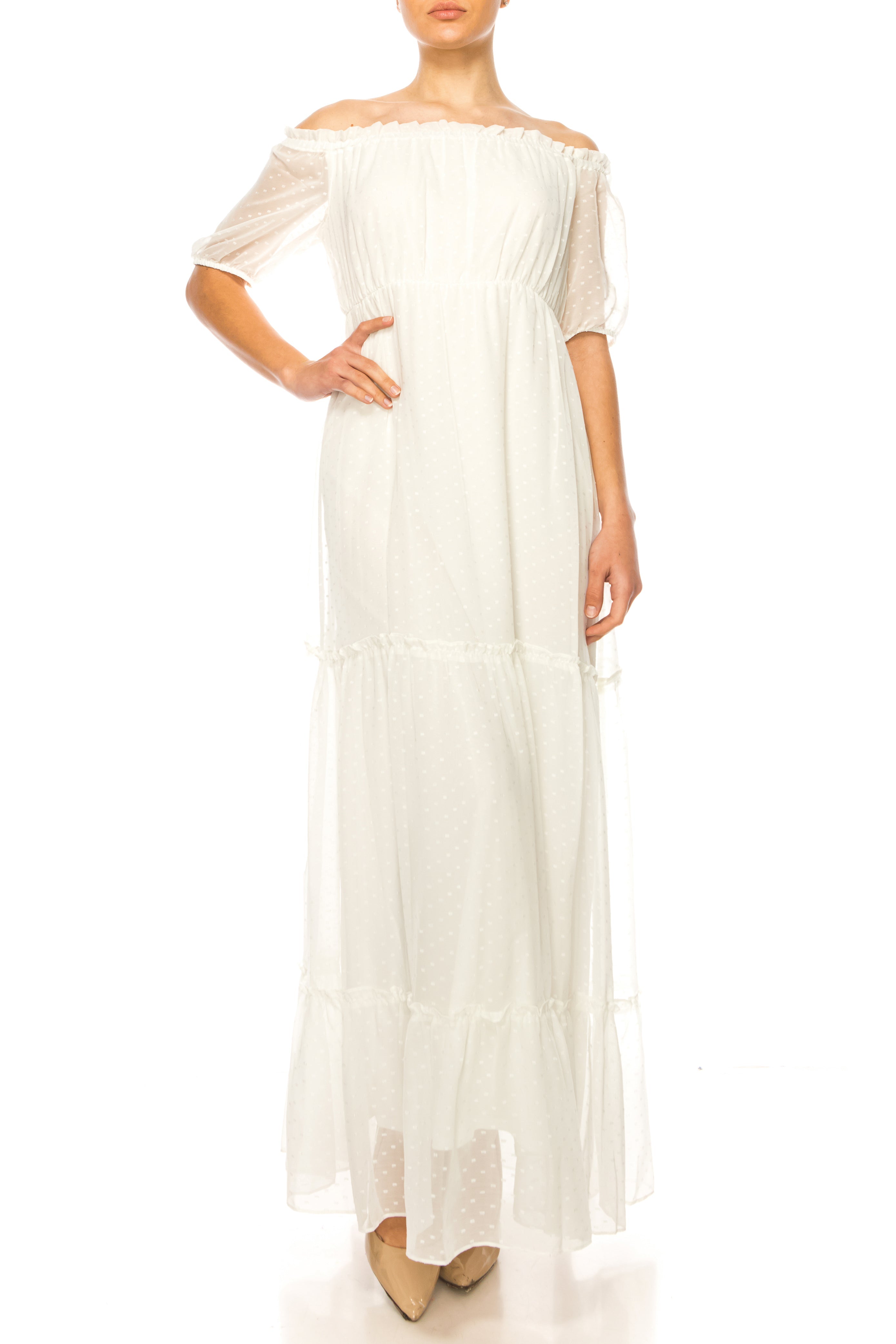 Maison Tara 30551MA Short Sleeve Tiered Maxi Dress
