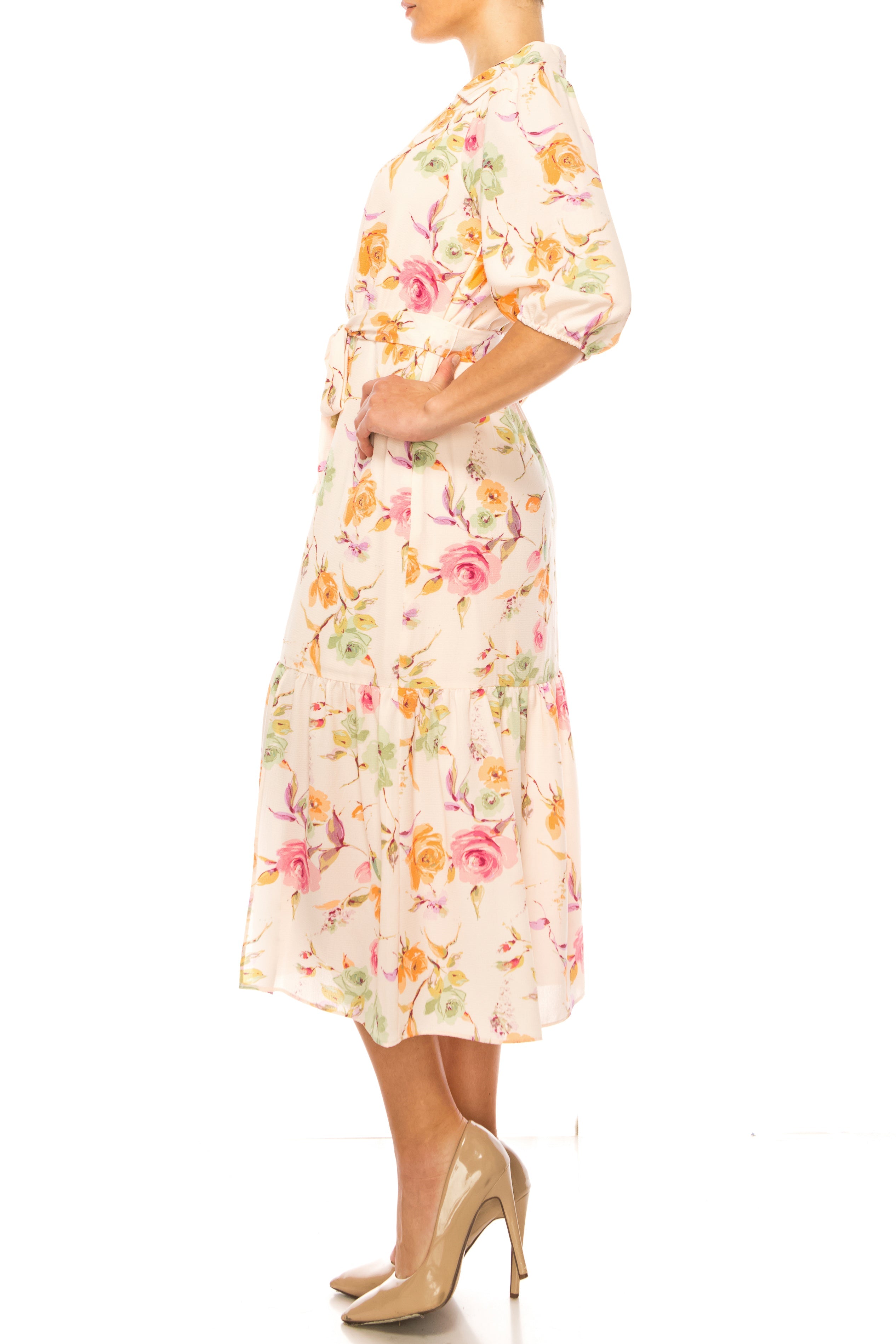 Maison Tara 92033M Belted Floral Midi Dress