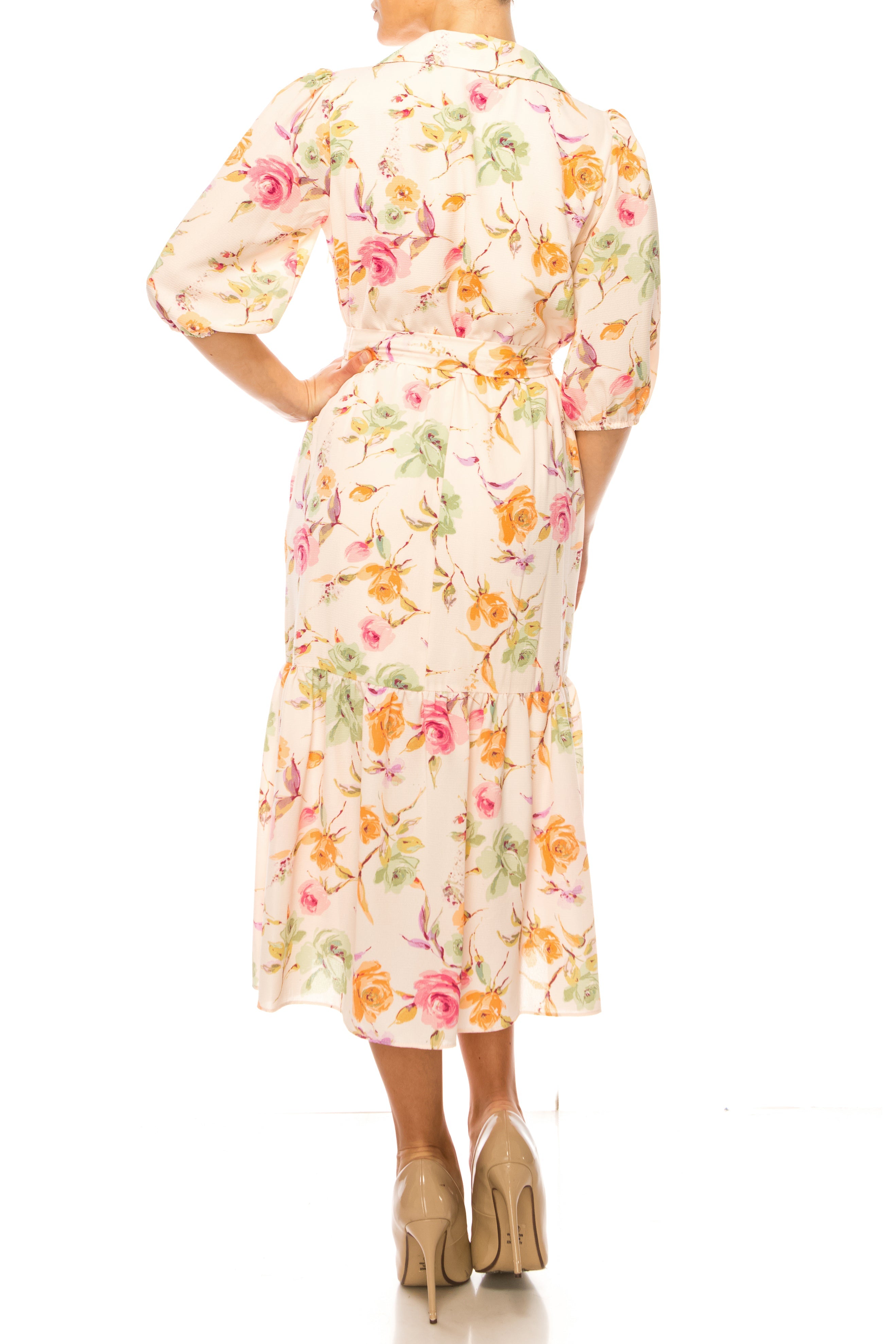 Maison Tara 92033M Belted Floral Midi Dress