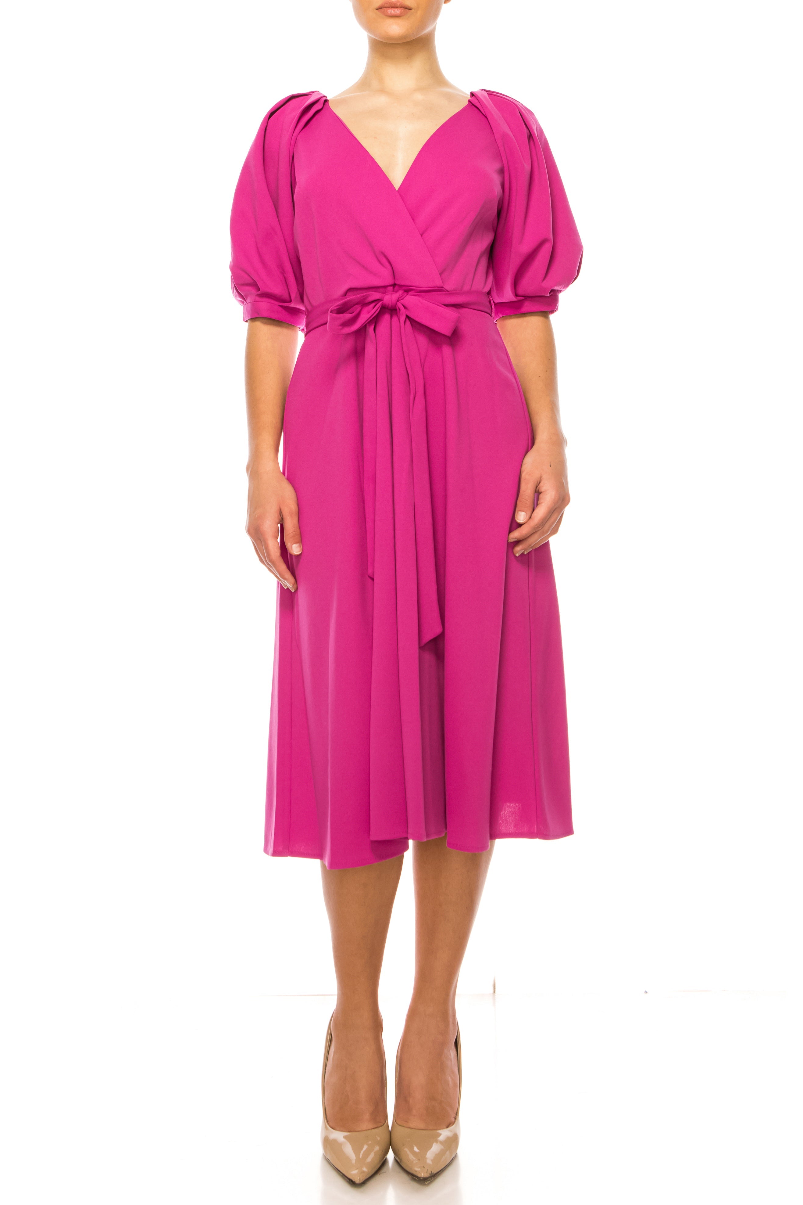 Maison Tara 95788M Belted Puff Sleeve A-Line Dress