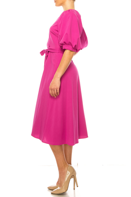 Maison Tara 95788M Belted Puff Sleeve A-Line Dress
