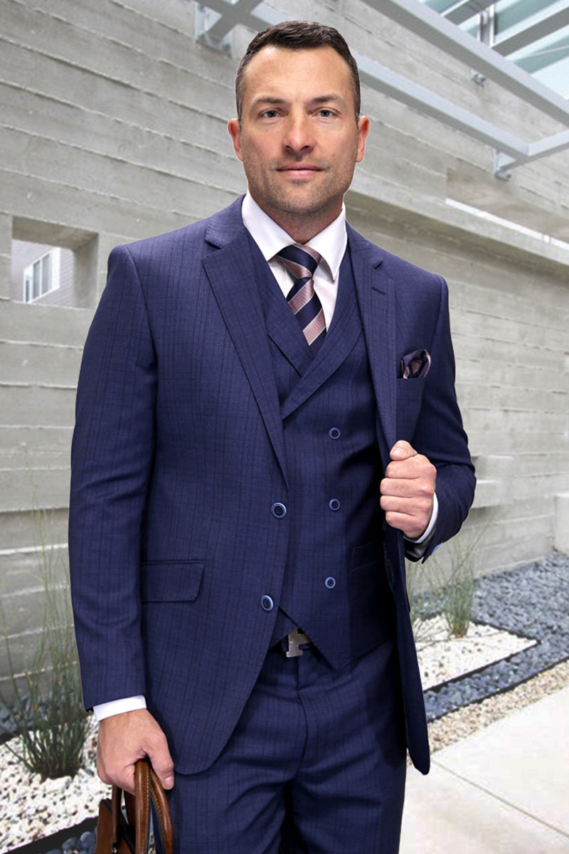 Traje de lana de corte moderno de dos botones para hombre en cuadros azules con chaleco cruzado