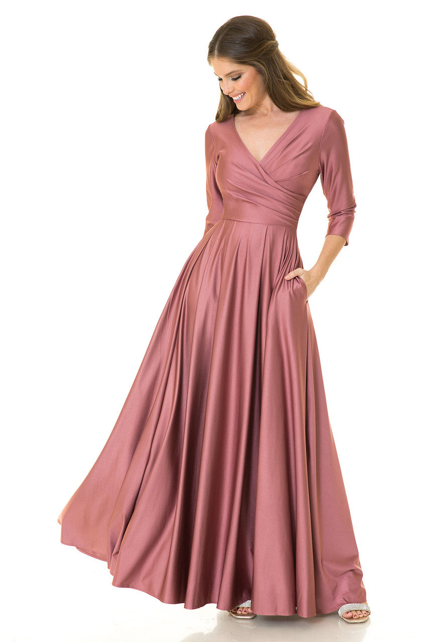 3/4 Sleeve V-Neck A-line Gown by Lenovia 5243 4XL / Mauve 3/4 Sleeve V-Neck A-line Gown by Lenovia 5243 4XL / Mauve