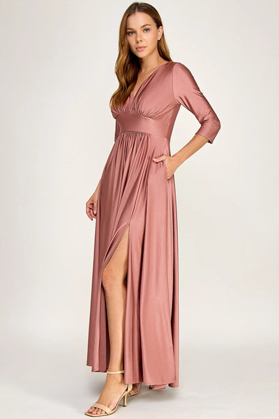 Ruched Bodice V-Neck 3/4 Sleeve A-Line Full-Length Mother of the Bride Dress by Perrty 3132