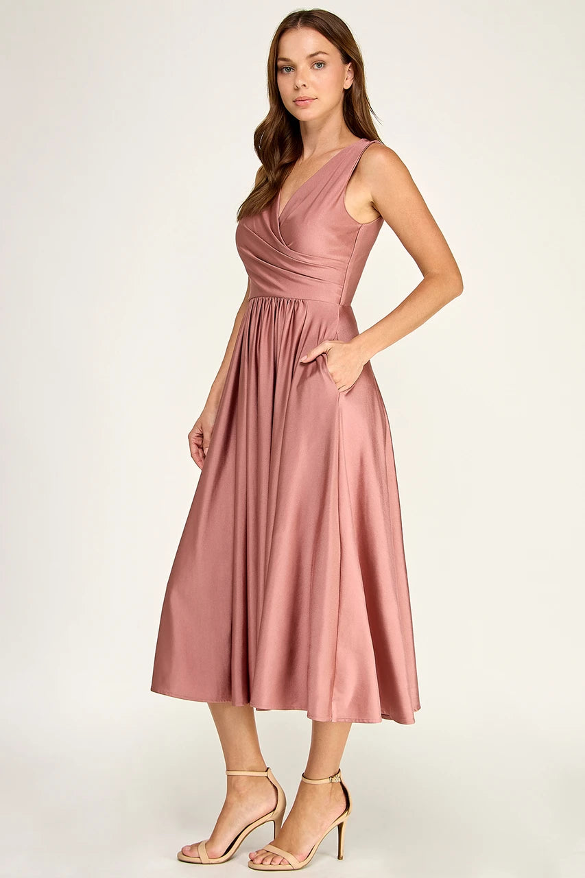Sleeveless V-Neck Pleated Bodice A-Line Midi-Length Cocktail Dress by Perrty 3131