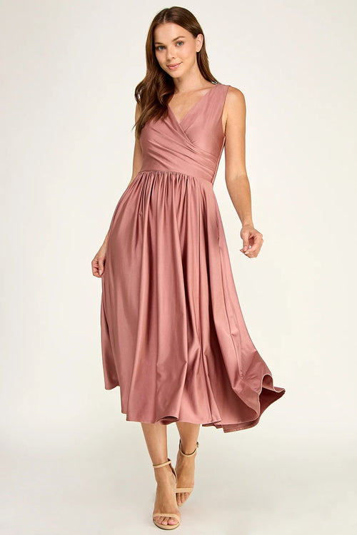 Sleeveless V-Neck Pleated Bodice A-Line Midi-Length Cocktail Dress by Perrty 3131