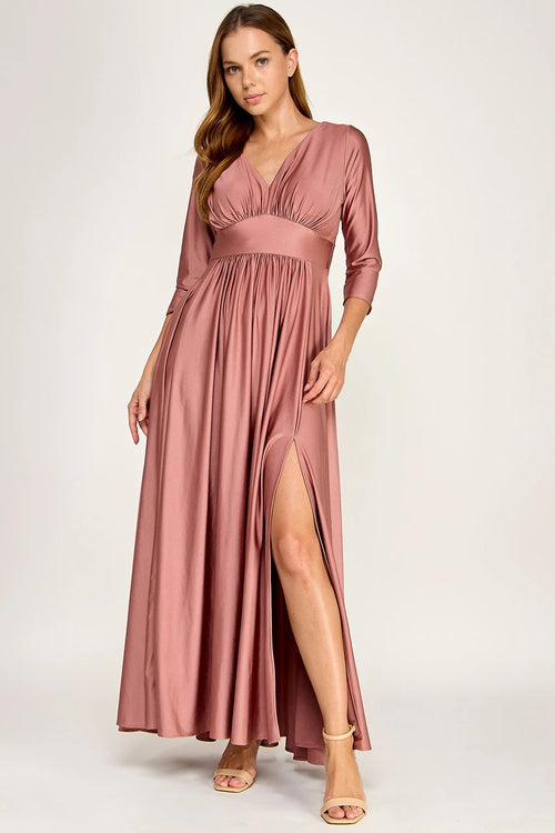 Ruched Bodice V-Neck 3/4 Sleeve A-Line Full-Length Mother of the Bride Dress by Perrty 3132