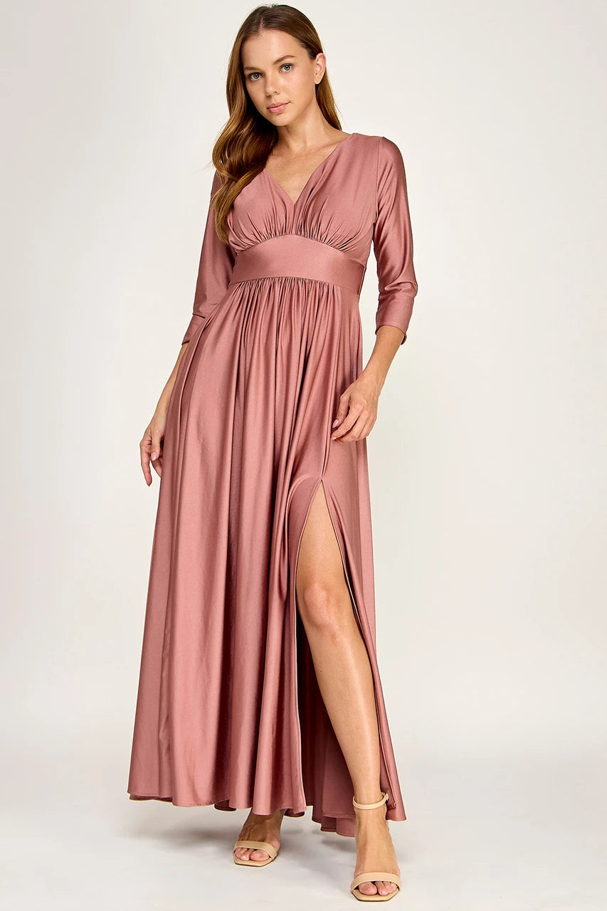 Ruched Bodice V-Neck 3/4 Sleeve A-Line Full-Length Mother of the Bride Dress by Perrty 3132