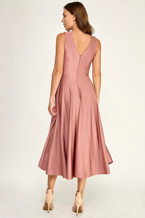 Sleeveless V-Neck Pleated Bodice A-Line Midi-Length Cocktail Dress by Perrty 3131