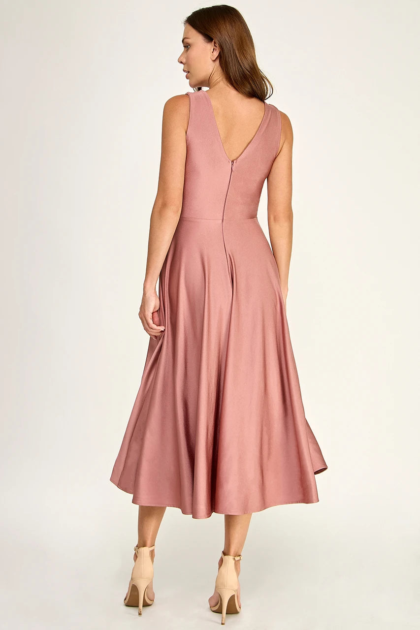 Sleeveless V-Neck Pleated Bodice A-Line Midi-Length Cocktail Dress by Perrty 3131