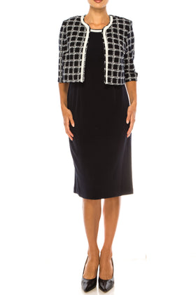 Maya Brooke 28167 Checkered Pearl Trim Sheath Dress with Collarless Jacket