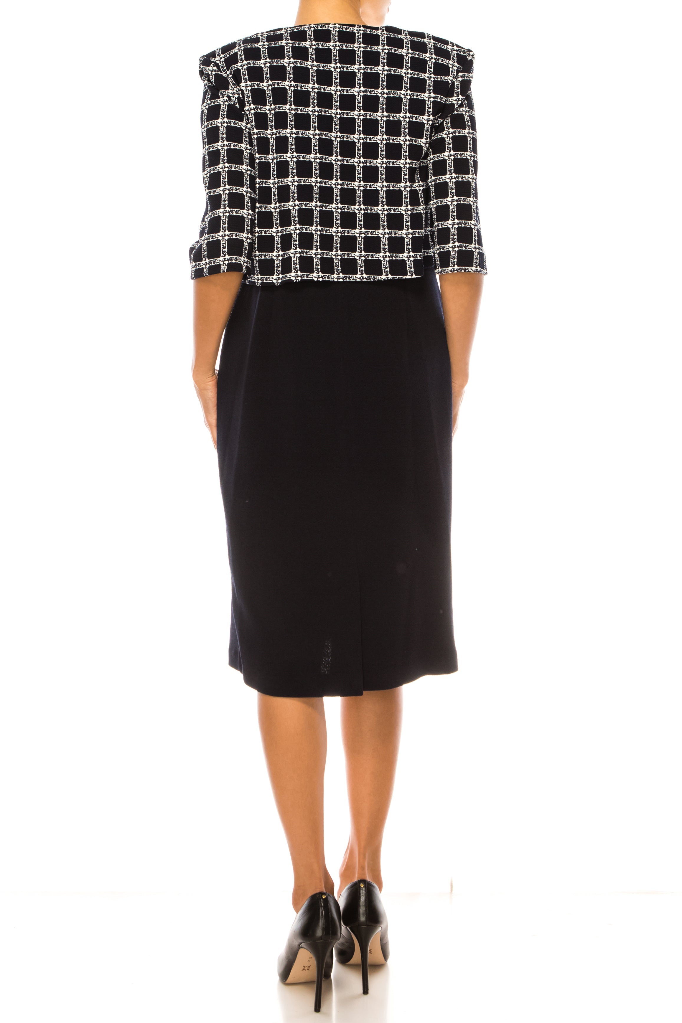 Maya Brooke 28167 Checkered Pearl Trim Sheath Dress with Collarless Jacket