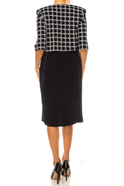 Maya Brooke 28167 Checkered Pearl Trim Sheath Dress with Collarless Jacket