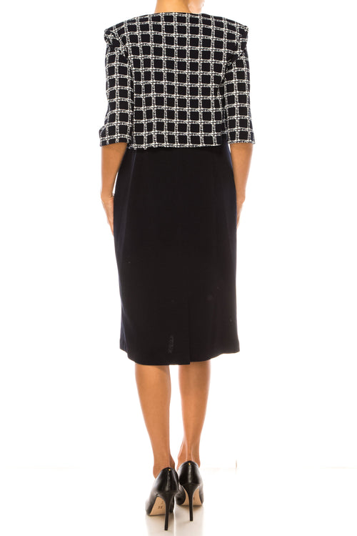 Maya Brooke 28167 Checkered Pearl Trim Sheath Dress with Collarless Jacket