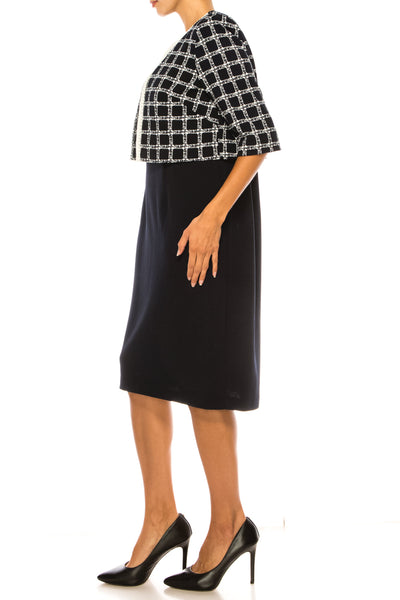 Maya Brooke 28167 Checkered Pearl Trim Sheath Dress with Collarless Jacket