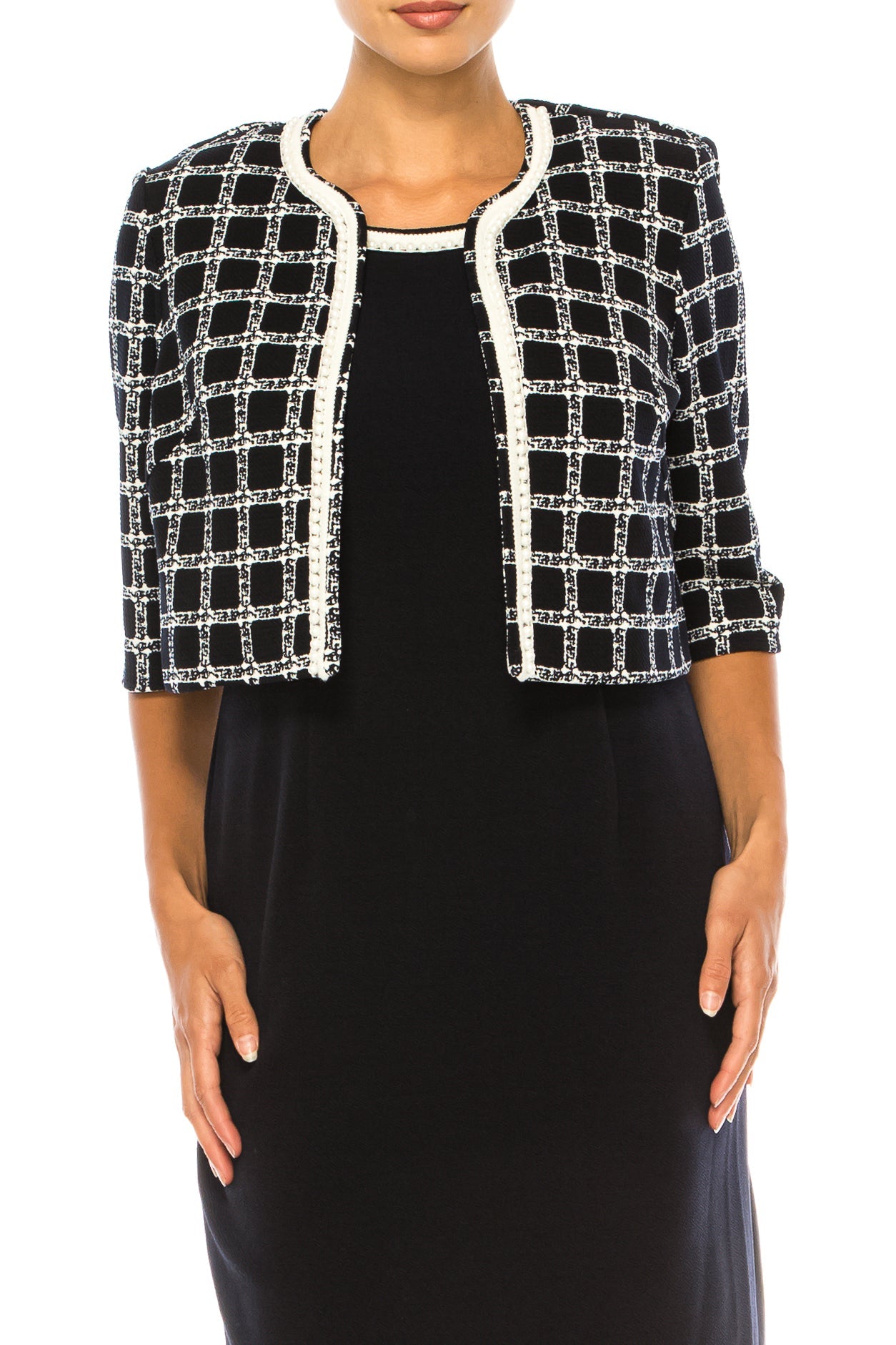 Maya Brooke 28167 Checkered Pearl Trim Sheath Dress with Collarless Jacket