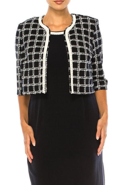 Maya Brooke 28167 Checkered Pearl Trim Sheath Dress with Collarless Jacket