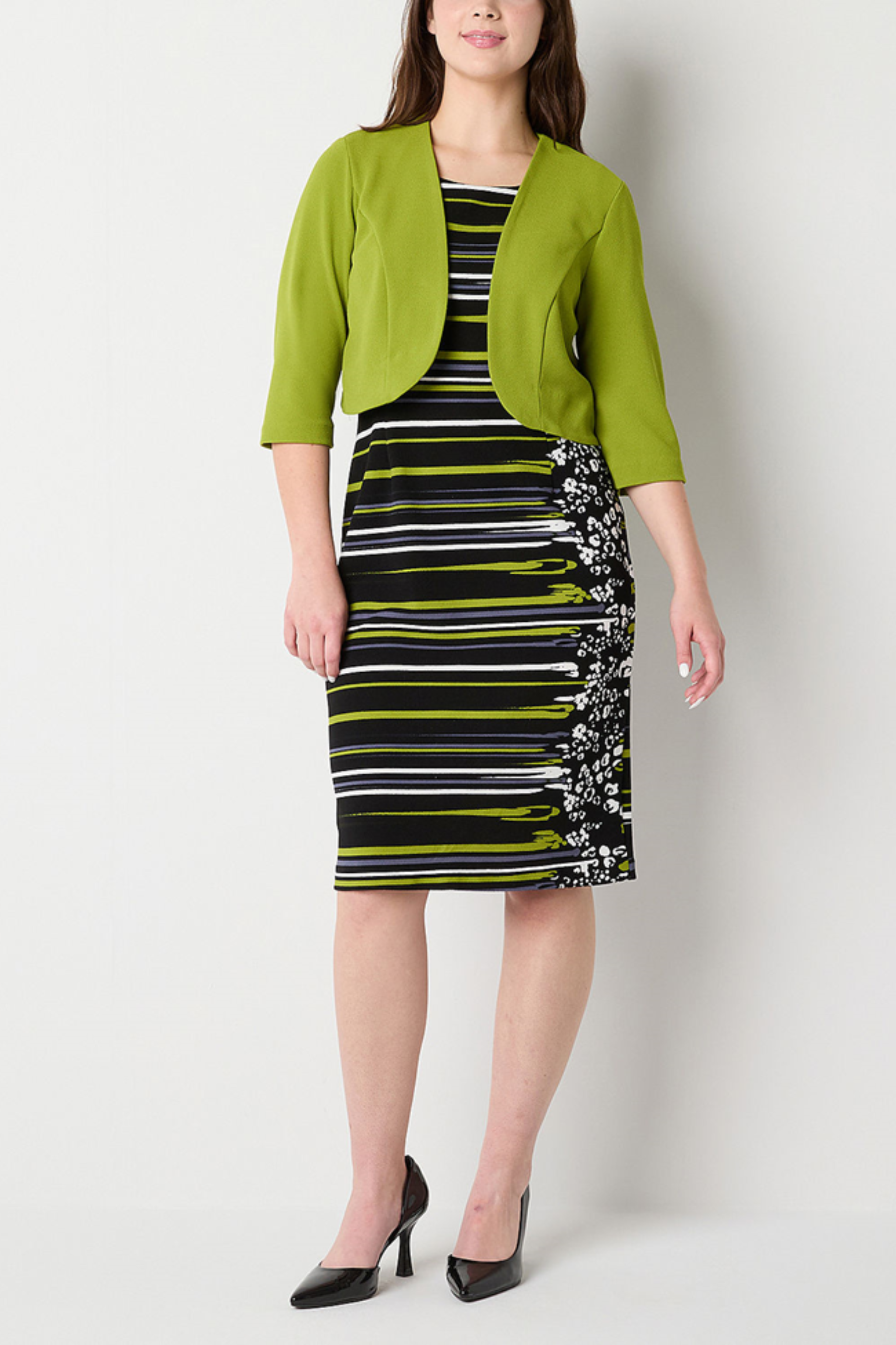 Maya Brooke 4165 Multicolor Abstract Stripe Sheath Dress with Cropped Bolero Jacket