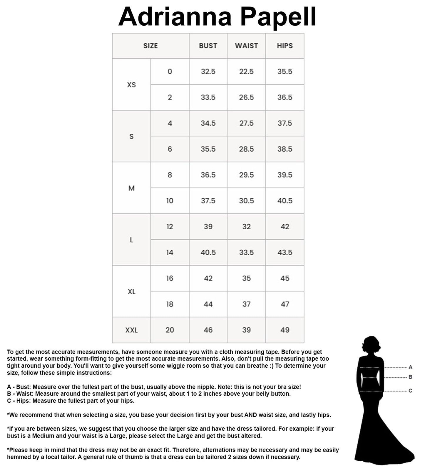 Adrianna Papell Size Chart