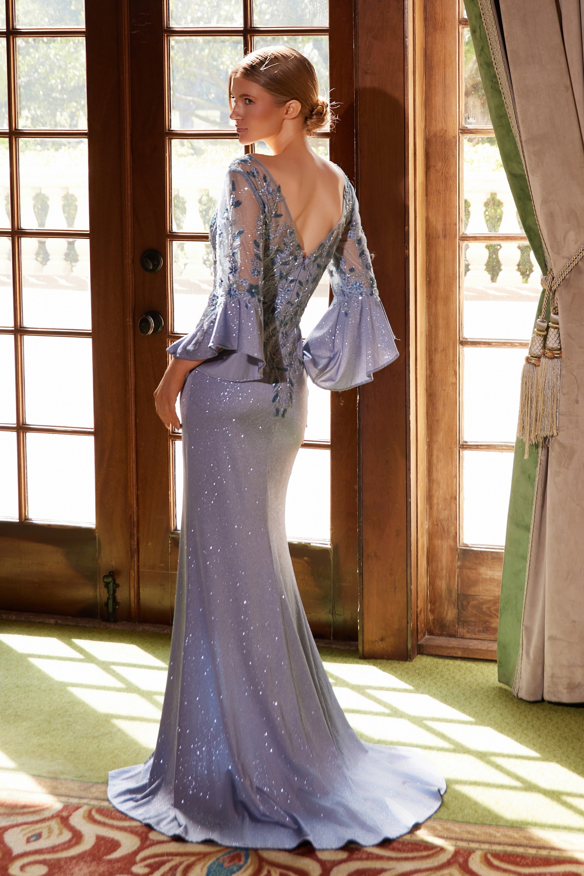 Elegant Appliqué Bell Sleeve Slit Gown by Nox Anabel MD129