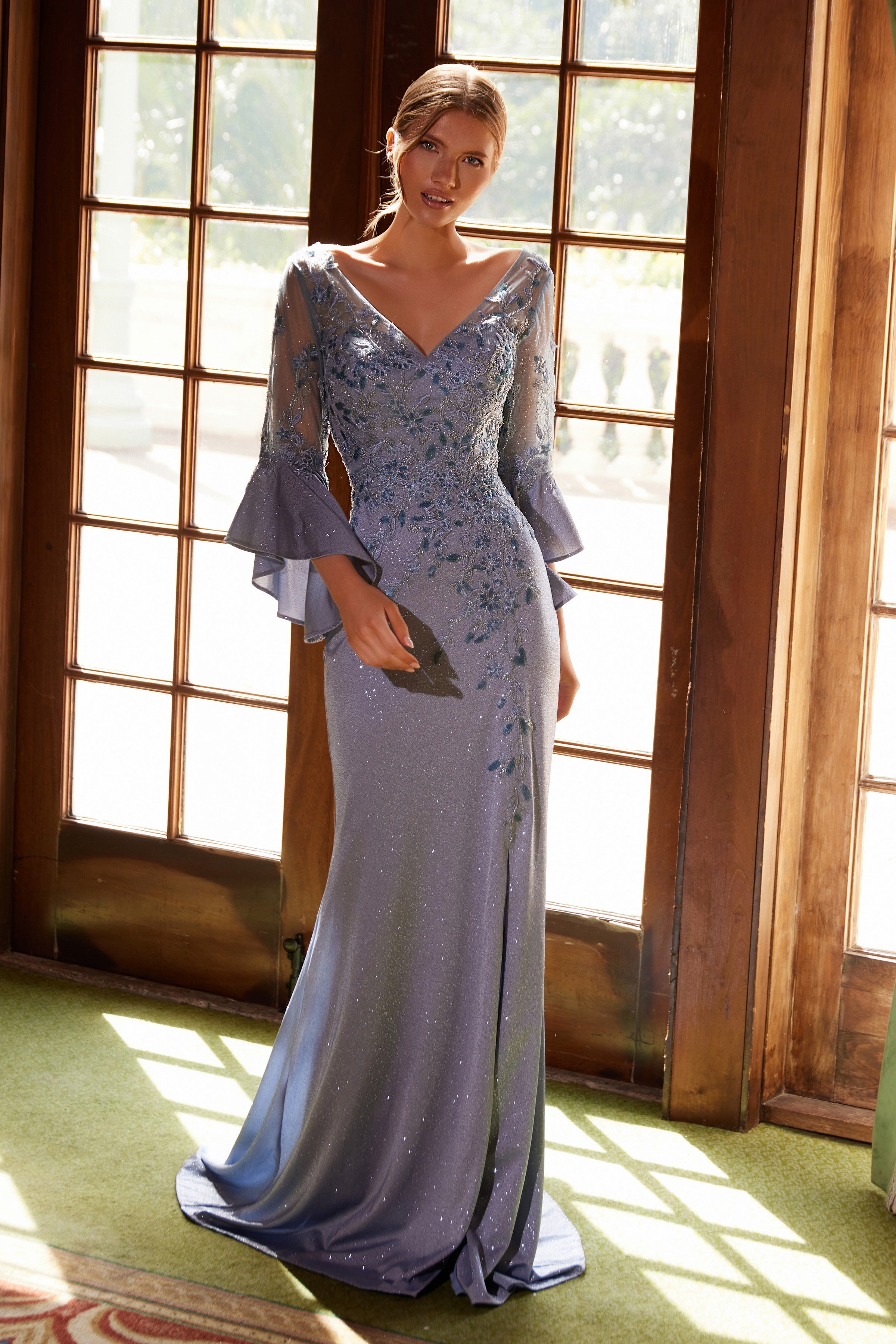 Elegant Appliqué Bell Sleeve Slit Gown by Nox Anabel MD129