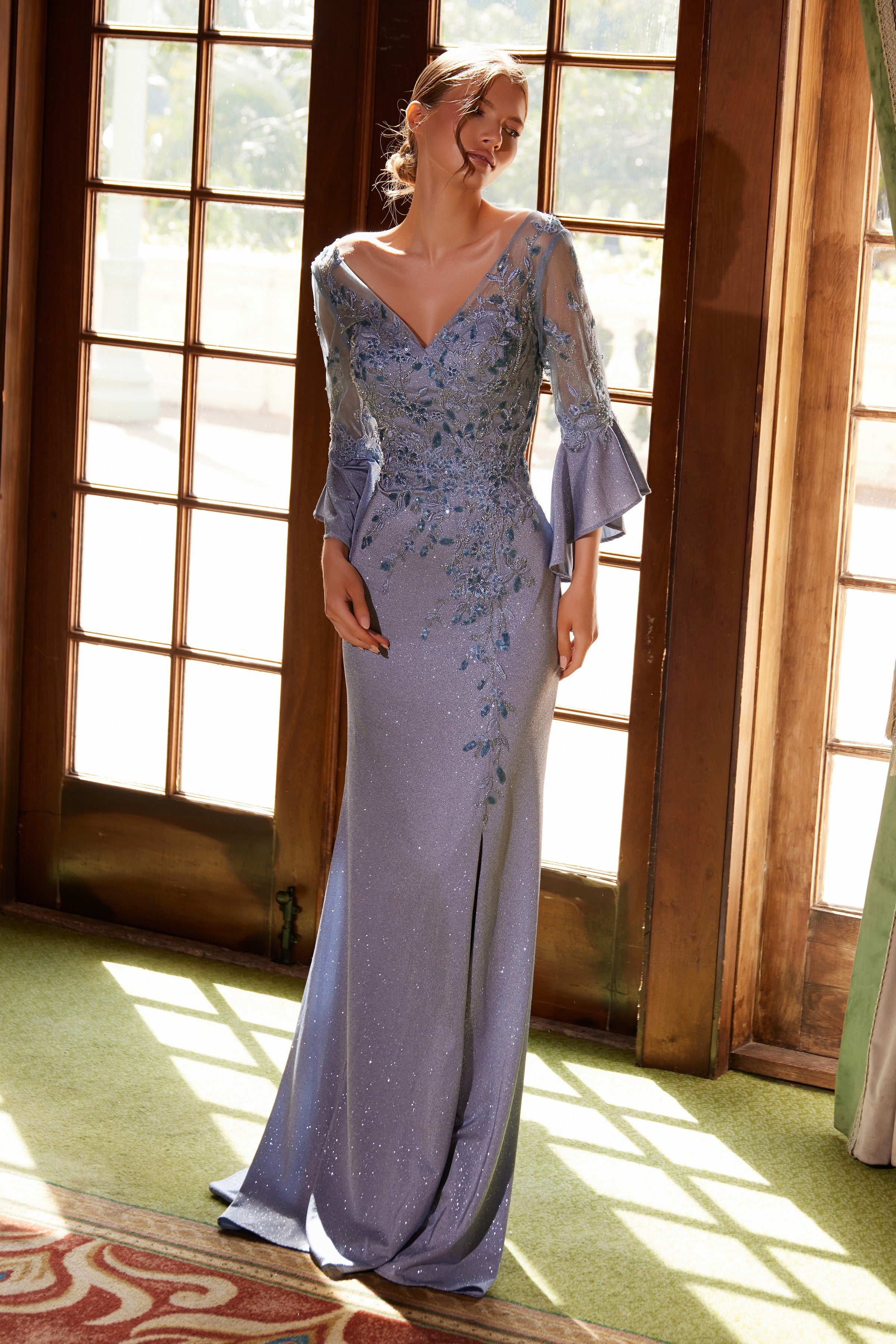 Elegant Appliqué Bell Sleeve Slit Gown by Nox Anabel MD129