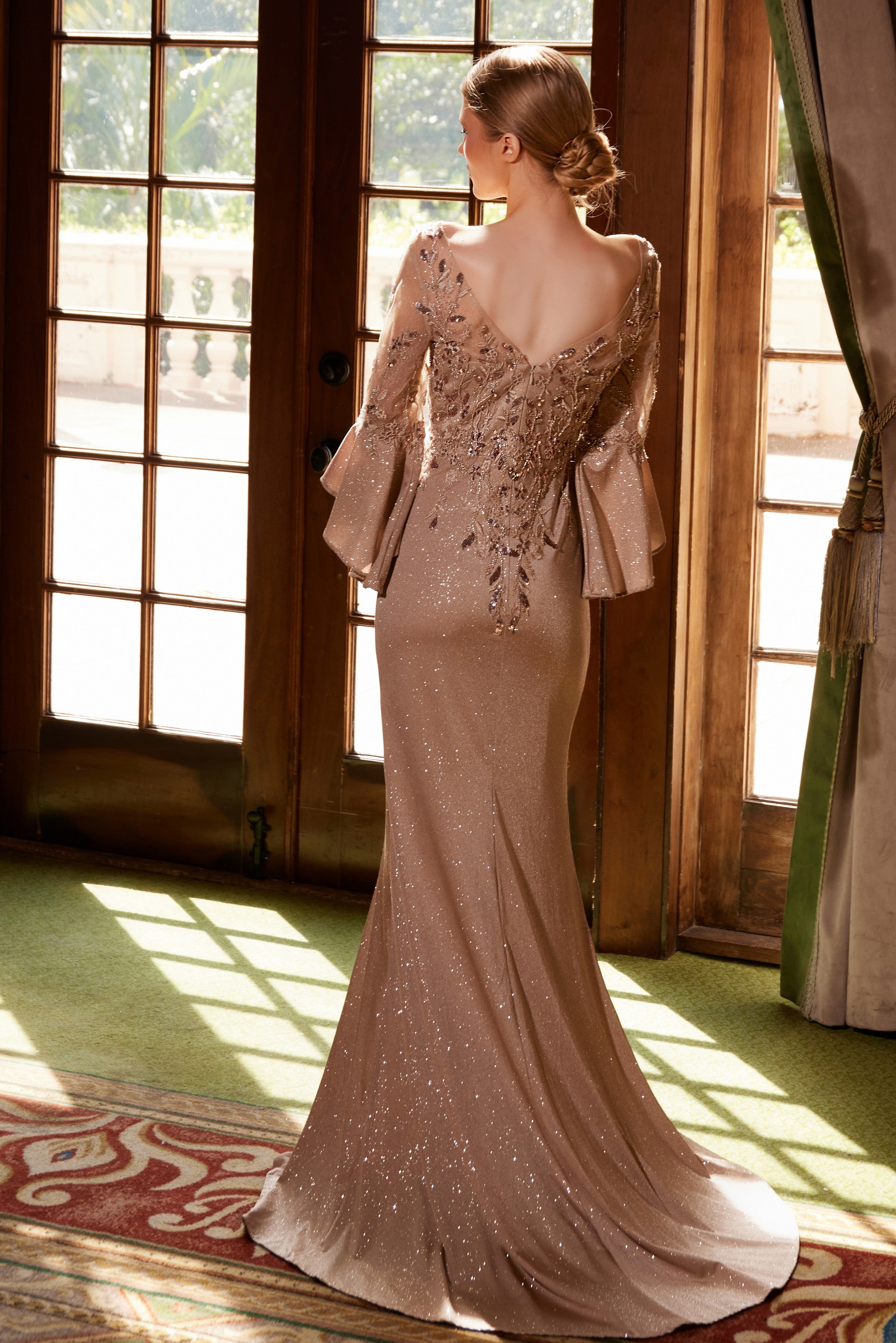 Elegant Appliqué Bell Sleeve Slit Gown by Nox Anabel MD129