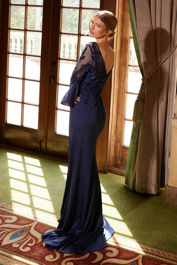 Elegant Appliqué Bell Sleeve Slit Gown by Nox Anabel MD129