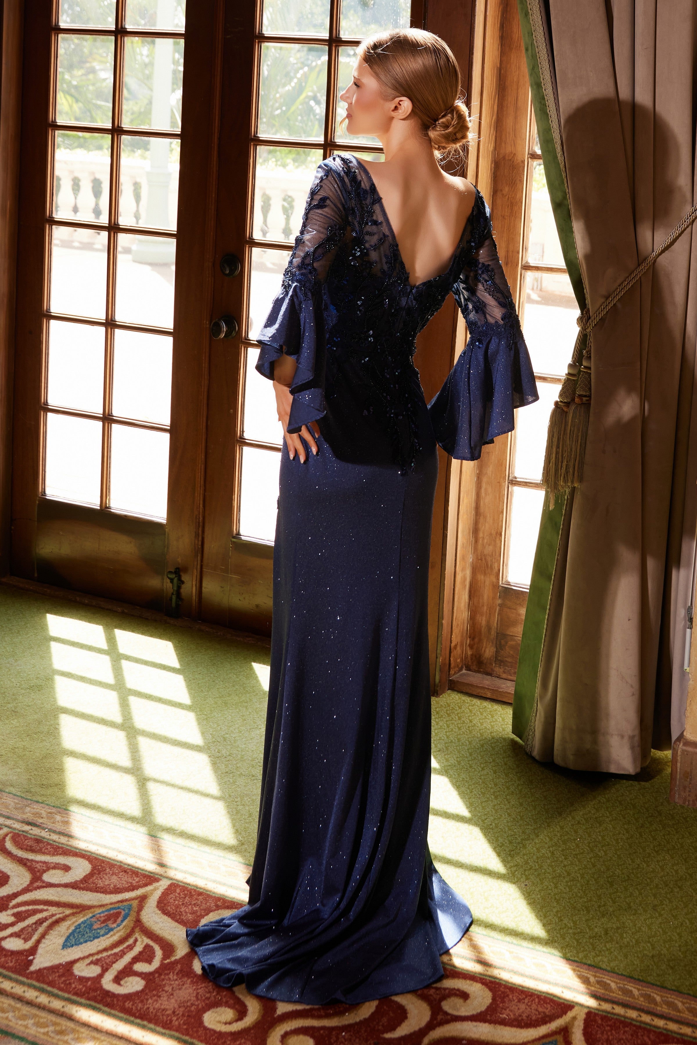 Elegant Appliqué Bell Sleeve Slit Gown by Nox Anabel MD129